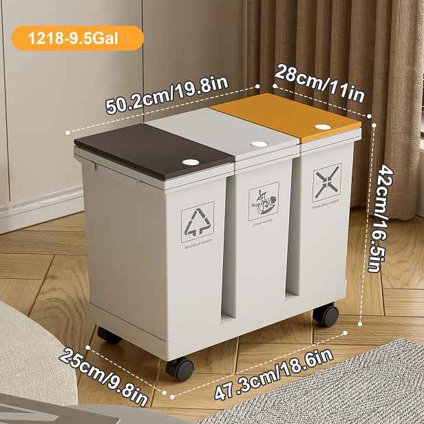 TEMU Kuchyňský odpadkový koš s velkou kapacitou 60L/36L/24L s oddělenými přihrádkami - pojízdný, odolný proti zápachu, oddělení suchého a mokrého