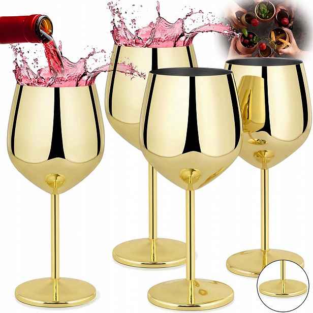 4 X Zlaté Skleničky Na Víno Z Nerezové Oceli, 500 ML, Opakovaně Použitelné
