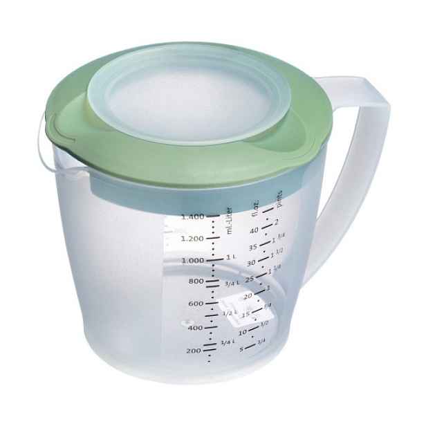 Hrnek na míchání a odměrku, s víčkem, plastový, 1400ml, máta zelená -