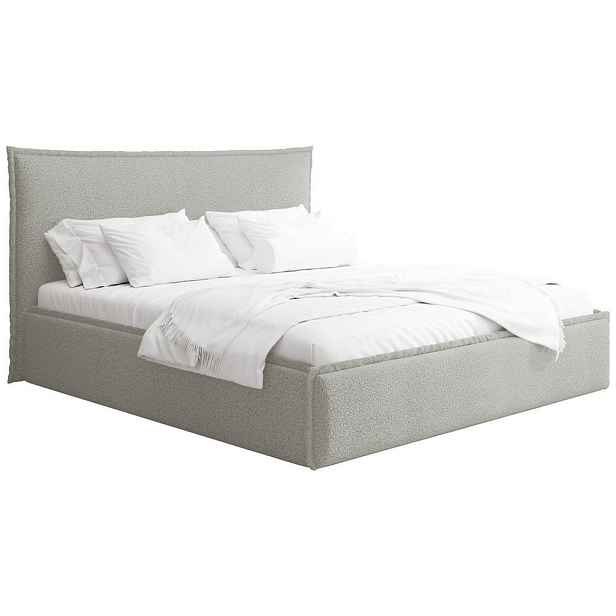 WFL GROUP ČALOUNĚNÁ POSTEL Pillow s úložným prostorem, kovovým lamelovým roštem a vysokým čelem postele - Světle šedá buklé 140x200 cm