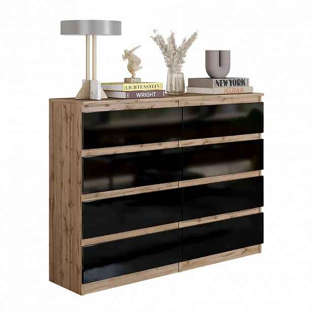 Komoda 120 CM Dub Wotan Černý Lesk 8 Zásuvek, Obývací Pokoj, Ložnice