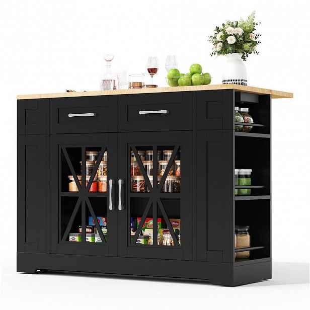 Modfu KUCHYŇSKÝ ostrůvek z MDF 120x40(65)x92 cm černý/přírodní se sklopnou deskou, zásuvkami, USB a kolečky