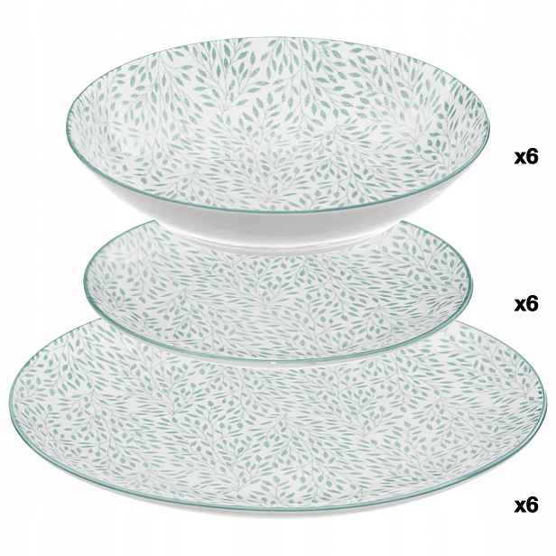 Stolní Nádobí Pro 6 Osob, Porcelán, Modré, Moderní Motiv Listů, 18 Ks
