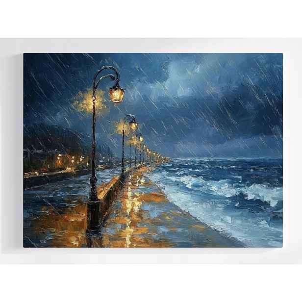 Plakát Moře Pláž Promenáda Déšť Bouře Vlny Noc 100x75