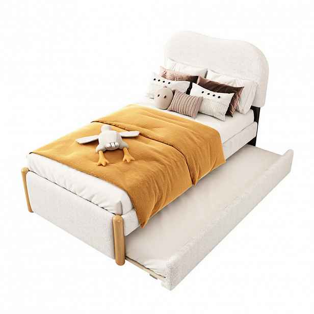OKWISH ČALOUNĚNÁ postel 90/200 cm bílá z plyše s výsuvným lůžkem