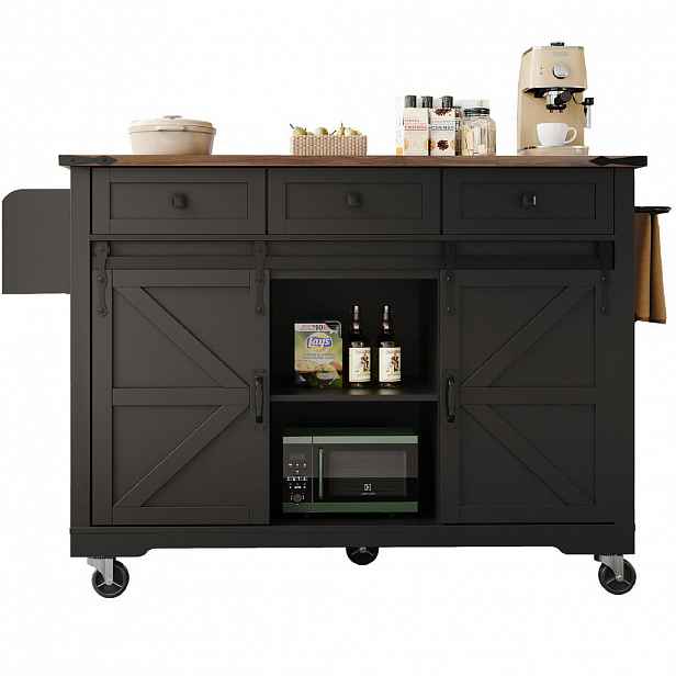 OKWISH KUCHYŇSKÝ ostrůvek 140/45/94 cm černý z MDF se skládací deskou a kolečky