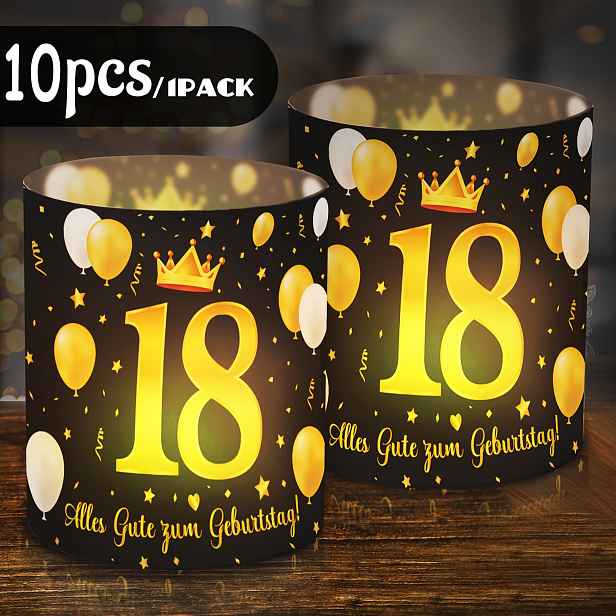TEMU Sada 10 ks černých zlatých stínidiel na lampu s koruny, nezbytnost pro oslavu 18. narozenin | Spodní je potištěna nápisem "Alles Gute Zum