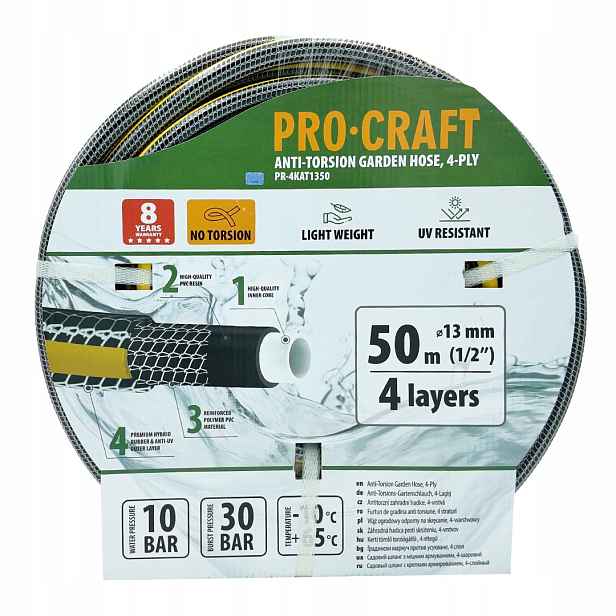 Černo-žlutá zahradní hadicí Procraft PR-4KAT1350 4-vrstvá, 1/2" 50 m