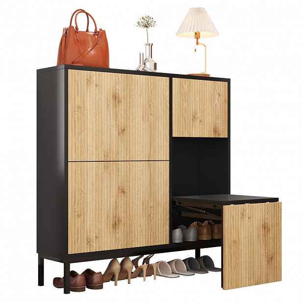 OKWISH BOTNÍK 100/25/100 cm černá a přírodní z MDF s lavicí a otevřeným úložným prostorem