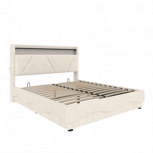 WISHDOR ČALOUNĚNÁ POSTEL 160 × 200 cm v béžovém sametu s úložným prostorem, LED osvětlením, USB a USB-C