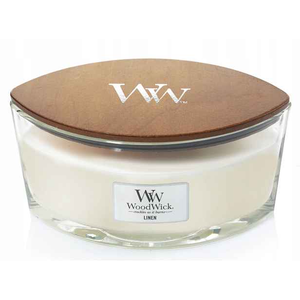 Sójová vonná svíčka Linen Woodwick Loďka Elipsa Dřevěný knot 453,6 g