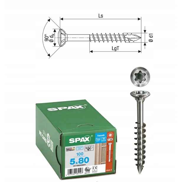 Šroub do fasádní desky spax 5 x 80 Li A2 Tx cut 100 ks