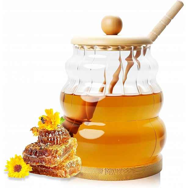 Zavařovací Sklenice Na Med Skleněná 450 ML S Dřevěným Víčkem A Lžičkou