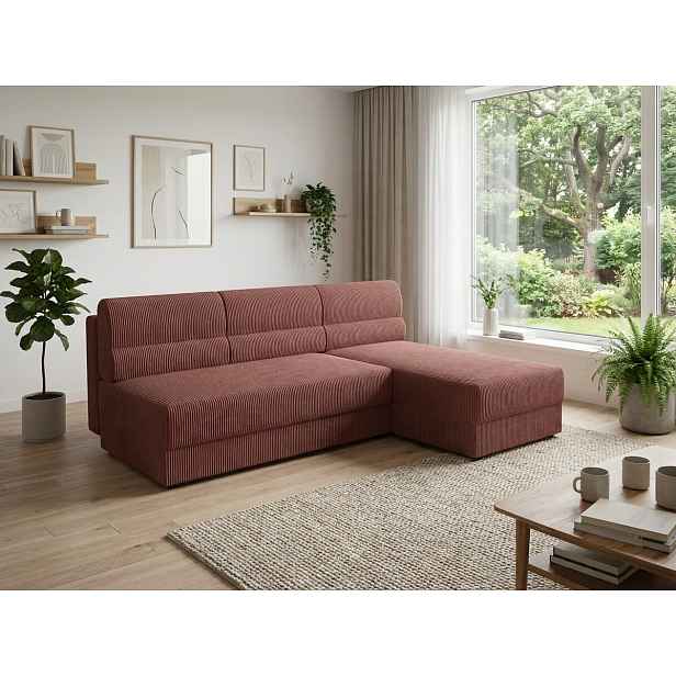 Rozkládací oboustranná sedací souprava do L TAVERO SLIM 201x140 cm, tmavě růžová