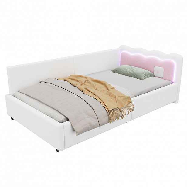 OKWISH DENNÍ postel 90/200 cm bílá z velvetu a MDF s LED osvětlením