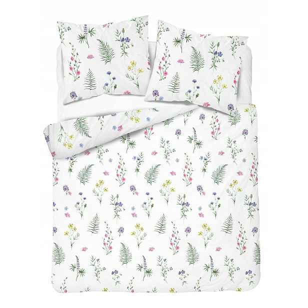 Povlečení 160x200 bílé s květinami a rostlinami Botanica Satin