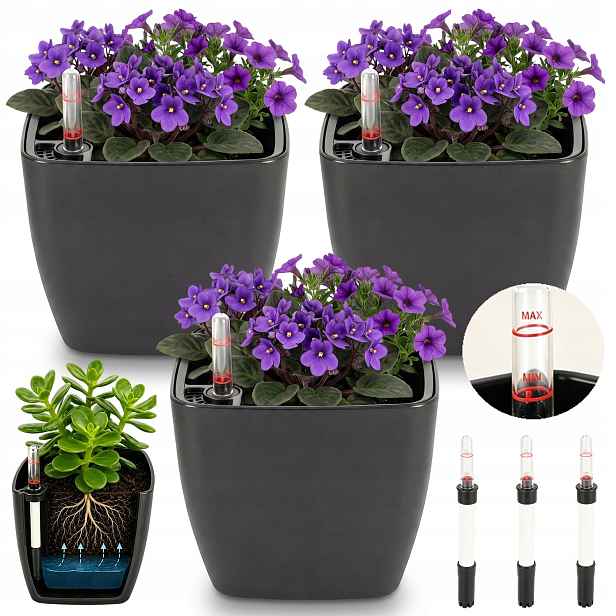 Sada 3X Květináč 17.5 CM Čtvercový, Ukazatel Vody Trvalý