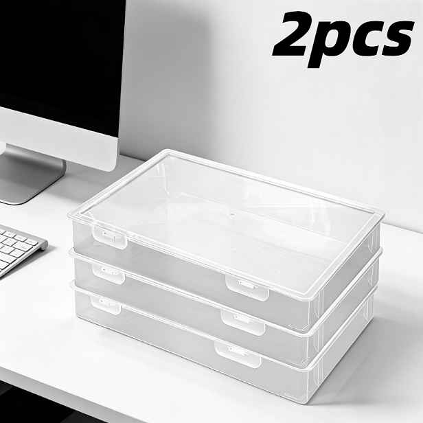 TEMU 2 ks Průhledný plastový úložný víkem | Odolný obdélníkový box pro organizaci kancelářských potřeb, uměleckých potřeb a doplňků na stůl. S