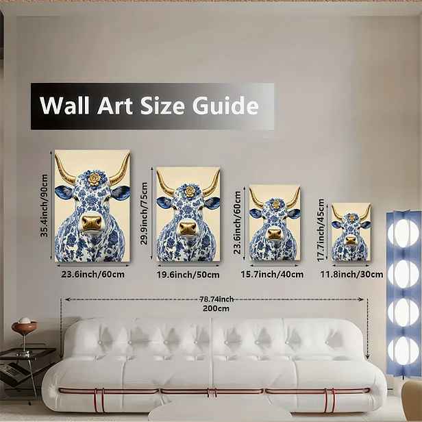 TEMU 2D plochý obraz z kravského plátna v modrobílém porcelánovém stylu – elegantní nástěnné umění pro domácnost, kancelář dekoraci čajovny, s