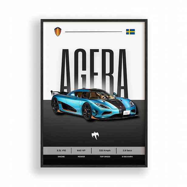 Obraz Koenigsegg Agera Plakát Rámeček Dřevěný Černý 30x42 cm