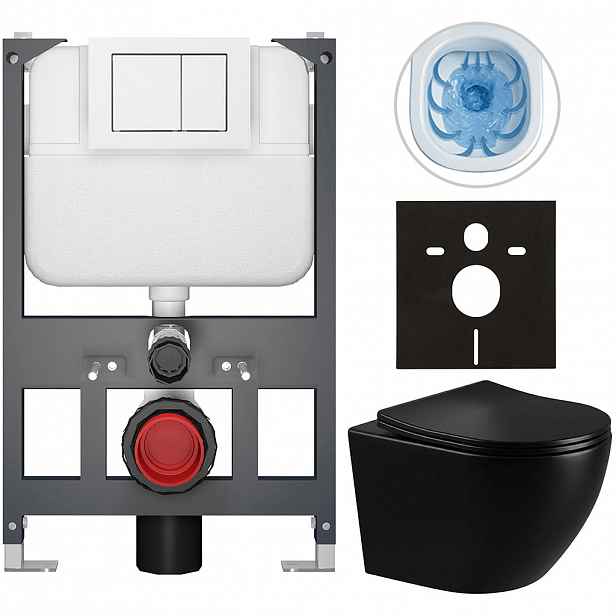 Kompletní WC set Basic/Cesso - černá lesklá - WC tlačítko Maxio/Bílá - závěsné - nízký modul - předstěnová instalace - 49x36 cm
