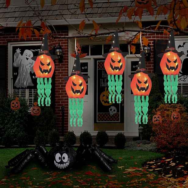 Halloweenská dekorace, 5 kusů visících duchů s čarodějnickým kloboukem