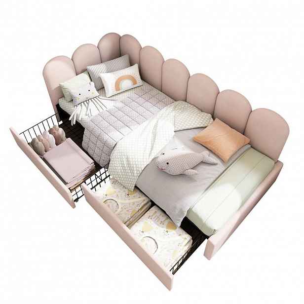 OKWISH DENNÍ postel 90/200 cm růžová ze sametu se 2 zásuvkami a lamelovým roštem