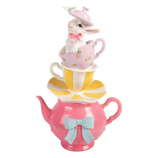 Dekorace králíček na šálcích a růžové konvičce - 16*13*26 cm Clayre & Eef