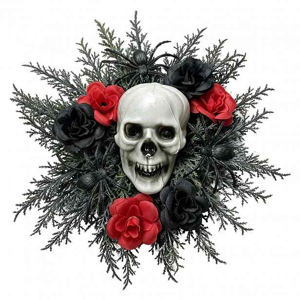 Halloweenský Věnec Na Dveře 26 CM Lebka Růže Pavouci Gotika