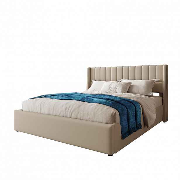 OKWISH ČALOUNĚNÁ postel 140/200 cm béžová z lnu s úložným prostorem a matrací