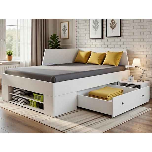 Úložná postel se zástěnou Junior, bílá, 120x200 cm