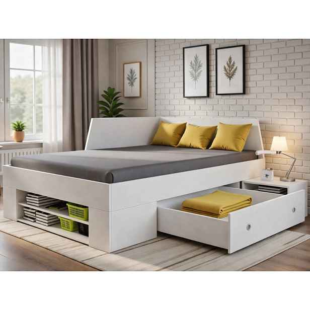 Úložná postel se zástěnou Junior, bílá, 120x200 cm