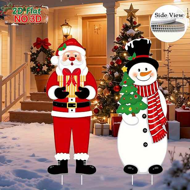 TEMU 2D ploché 2D ploché, 2 sady Vánoční cedule do zahrady - Velké cedule na trávník se sněhulákem a Santa Claus s kolíky - Venkovní dekorace pro