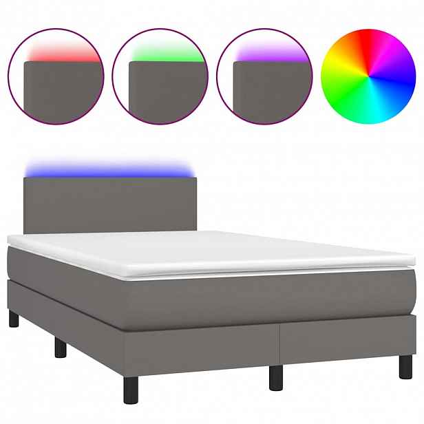 vidaXL Box spring postel s matrací a LED šedá 120x200 cm umělá kůže