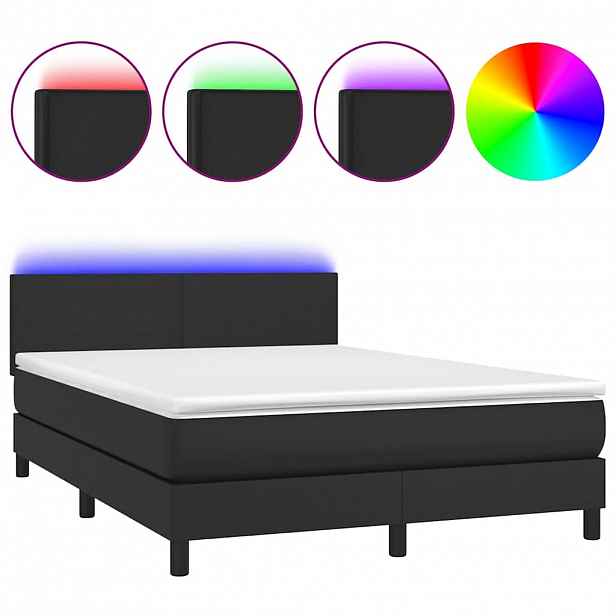 vidaXL Box spring postel s matrací a LED černá 140 x 190 cm umělá kůže