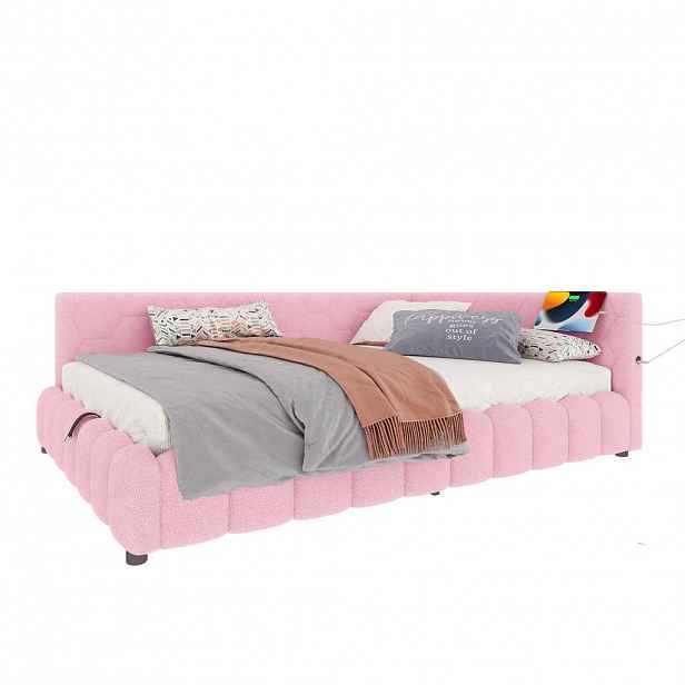 OKWISH DENNÍ postel 140/200 cm růžová z veluru a MDF s LED osvětlením a úložným prostorem