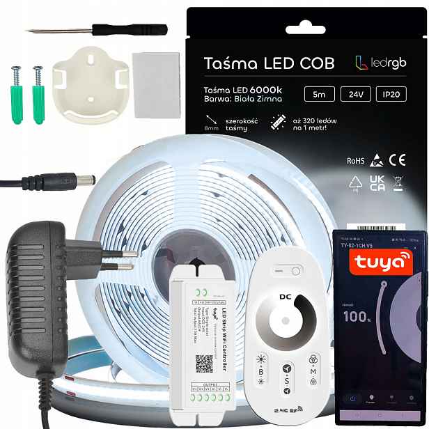 Sada Led pásků Cob 24V 5 m 6000K Bílá Zaimna Napájecí Zdroj Tuya Wifi Dálkový Ovladač Rf