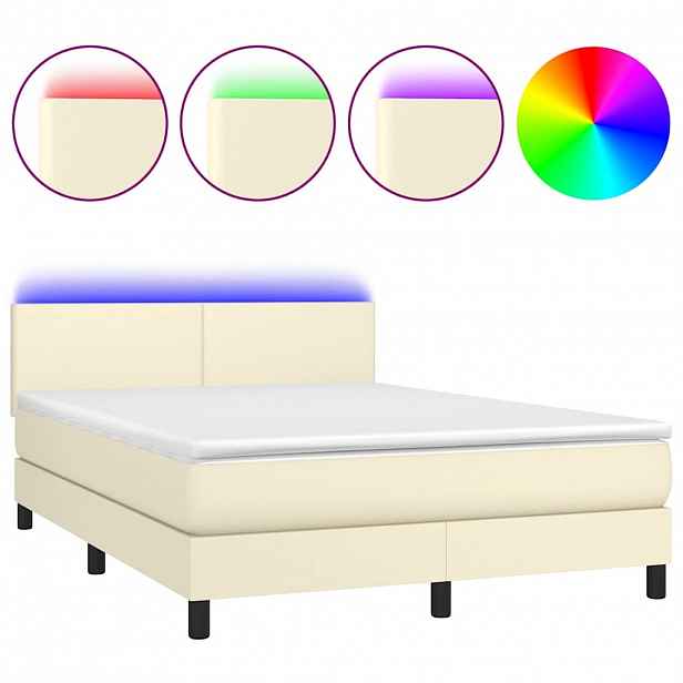 vidaXL Box spring postel s matrací a LED krémová 140x190 cm umělá kůže