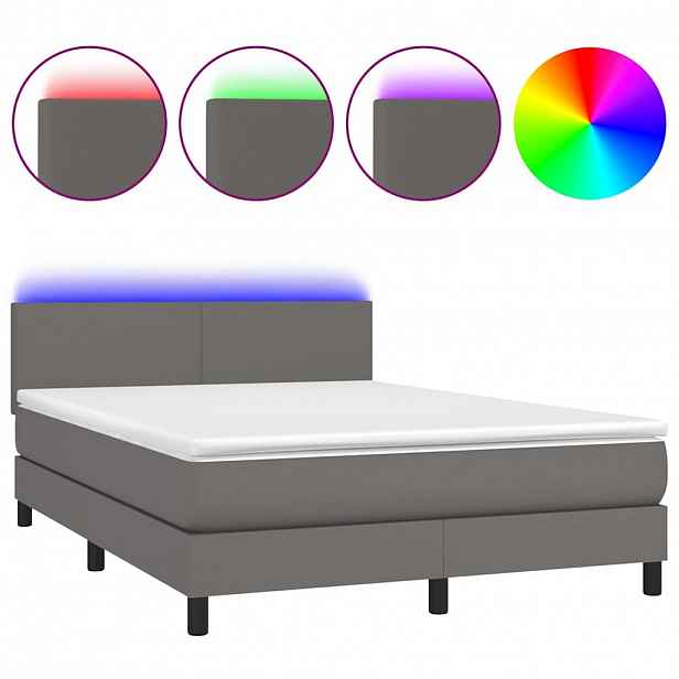 vidaXL Box spring postel s matrací a LED šedá 140x190 cm umělá kůže
