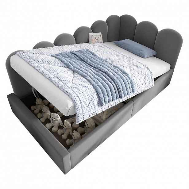 OKWISH DENNÍ postel 90/200 cm šedá ze sametu s úložným prostorem a hydraulickým roštem