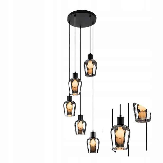 Závěsná lampa Lustr E27 5 Zdrojů Černá Matná Sklo Florian Rabalux