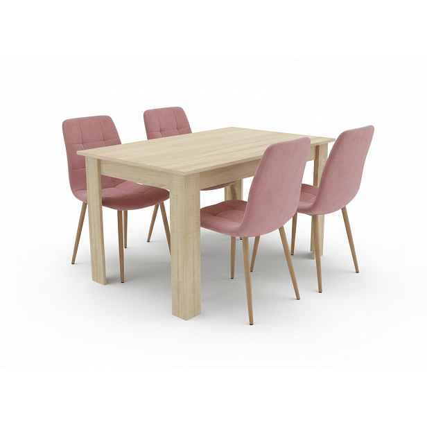 Jídelní set 1 + 4, stůl UMEKO 120x80 cm dub sonoma + růžová sametová židle KARA