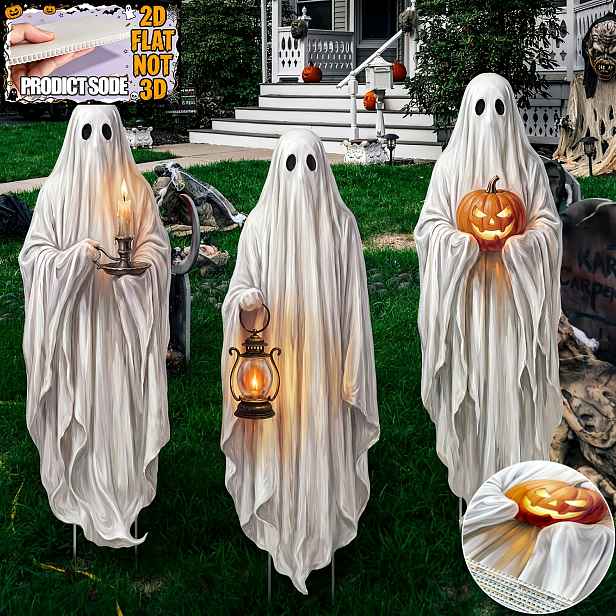 TEMU 2D ploché - 【2D ploché】 2D ploché, 3 ks Halloweenské duchy venkovní dekorace Extra strašidelný bílý duch Značka na dvůr s 12 kolíky Dekorace na