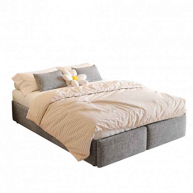 OKWISH ČALOUNĚNÁ postel 140/200 cm šedá z lnu a MDF s hydraulickým úložným prostorem a 2 zásuvkami