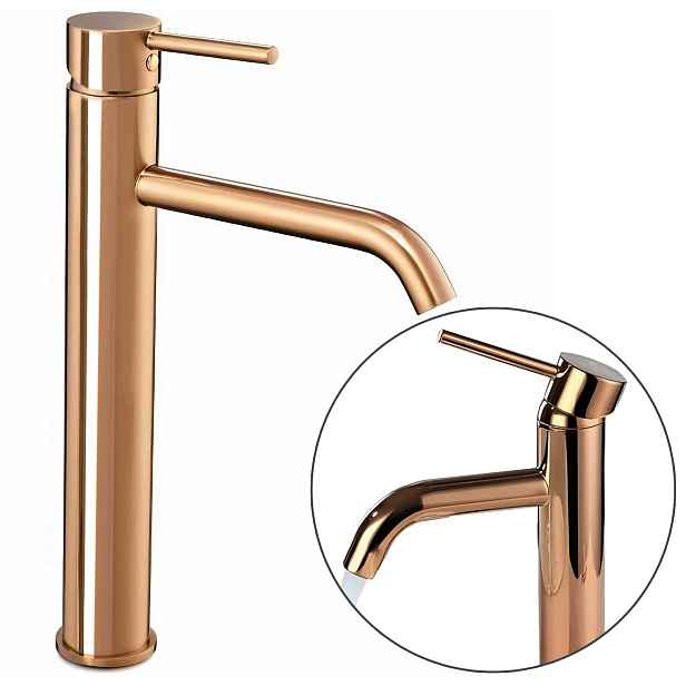 Stojící umyvadlová baterie vysoká měď 28 cm Rea Lungo Lesklá Výtokové Ramínko 13 cm