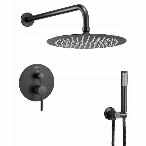 Sprchový set dešťová 20 cm kulatý s nástěnnou baterií, černá matná