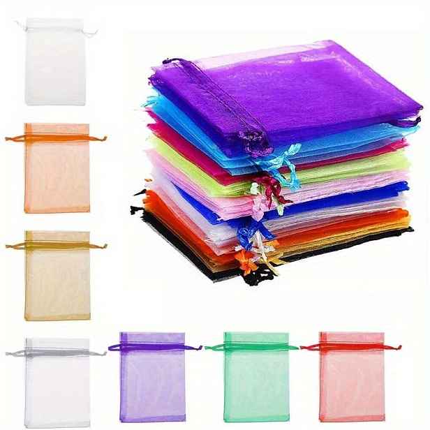 TEMU Dárek pro Ni/Něj 50ks Organzových Sáčků Náhodná Síťovaná Organza Šperkovnice se Stahovací Šňůrkou, Malé Stahovací Sáčky na Drobnosti, Vánoční