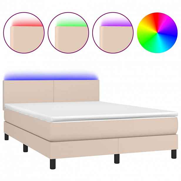 vidaXL Box spring postel matrace a LED cappuccino 140x200cm umělá kůže