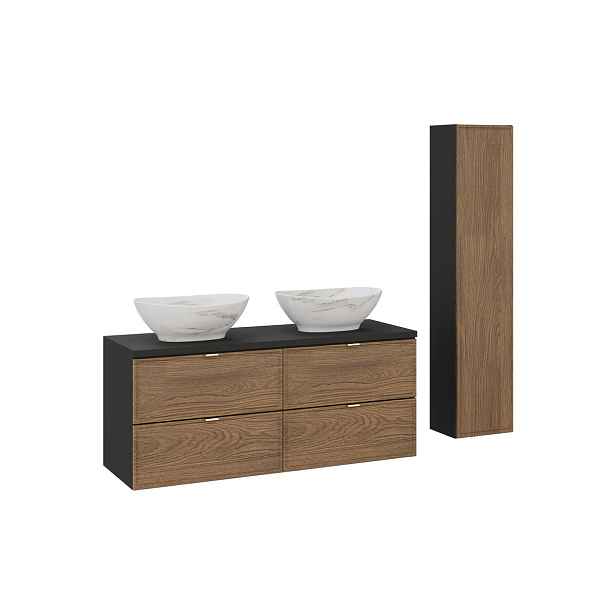 Comad Koupelnová sestava s deskou, skříňkami a umyvadly Talia Casella 120 cm černý mat/dub casella