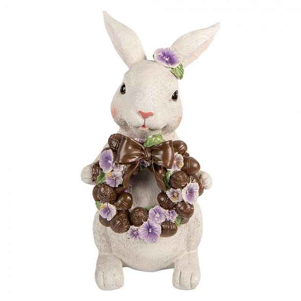 Dekorace králík s čoko věncem a maceškami - 17*16*30 cm Clayre & Eef